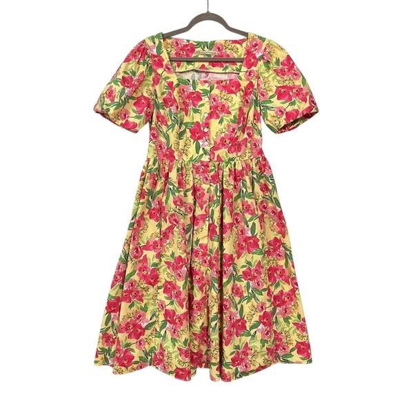 Recollections dress Medium Yellow pink floral Retro 50s womens 100% Cotton USA - Picture 3 of 11